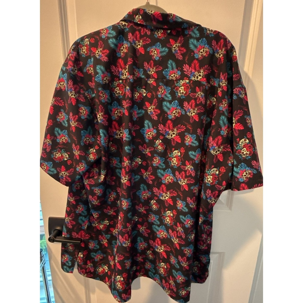 Retro Rifle Skull Floral Print Short Sleeve Button Down Shirt 3XL - Picture 3 of 5